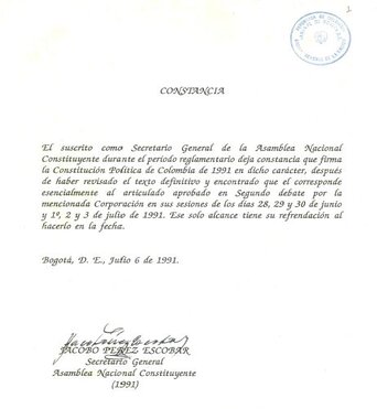 Constancia de la Constitución Política de Colombia de 1991